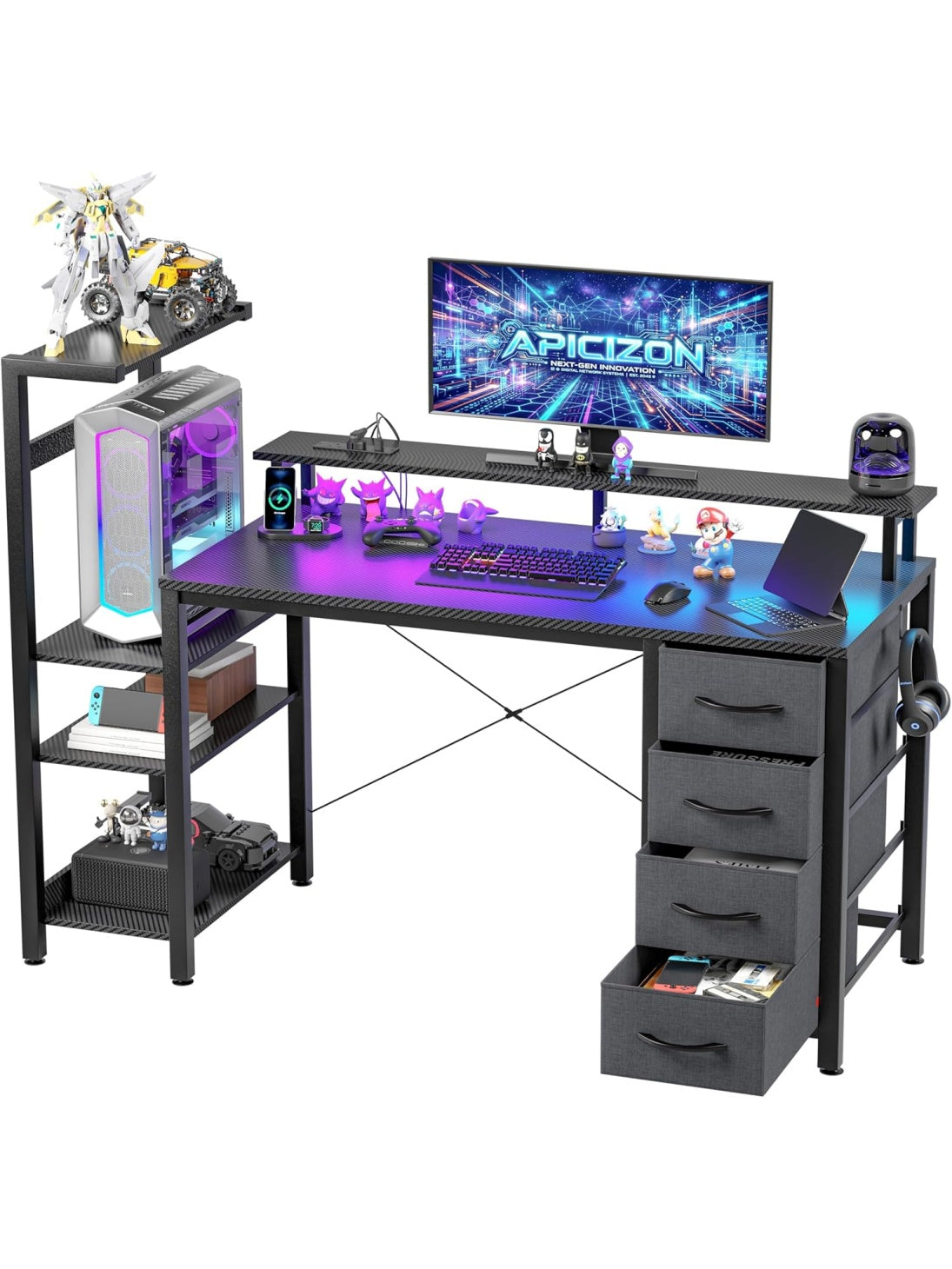 Gaming Schreibtisch 130 cm mit RGB LED Regal Monitorstander USB Anschlussen und Halterungen in Carbon Optik Schwarz