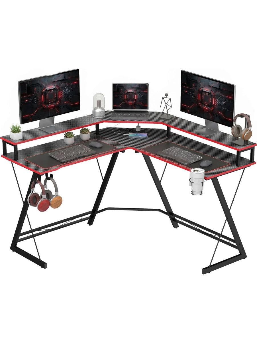 L-formiger Gamingtisch 128 x 128 cm mit integrierten Steckdosen in Schwarz