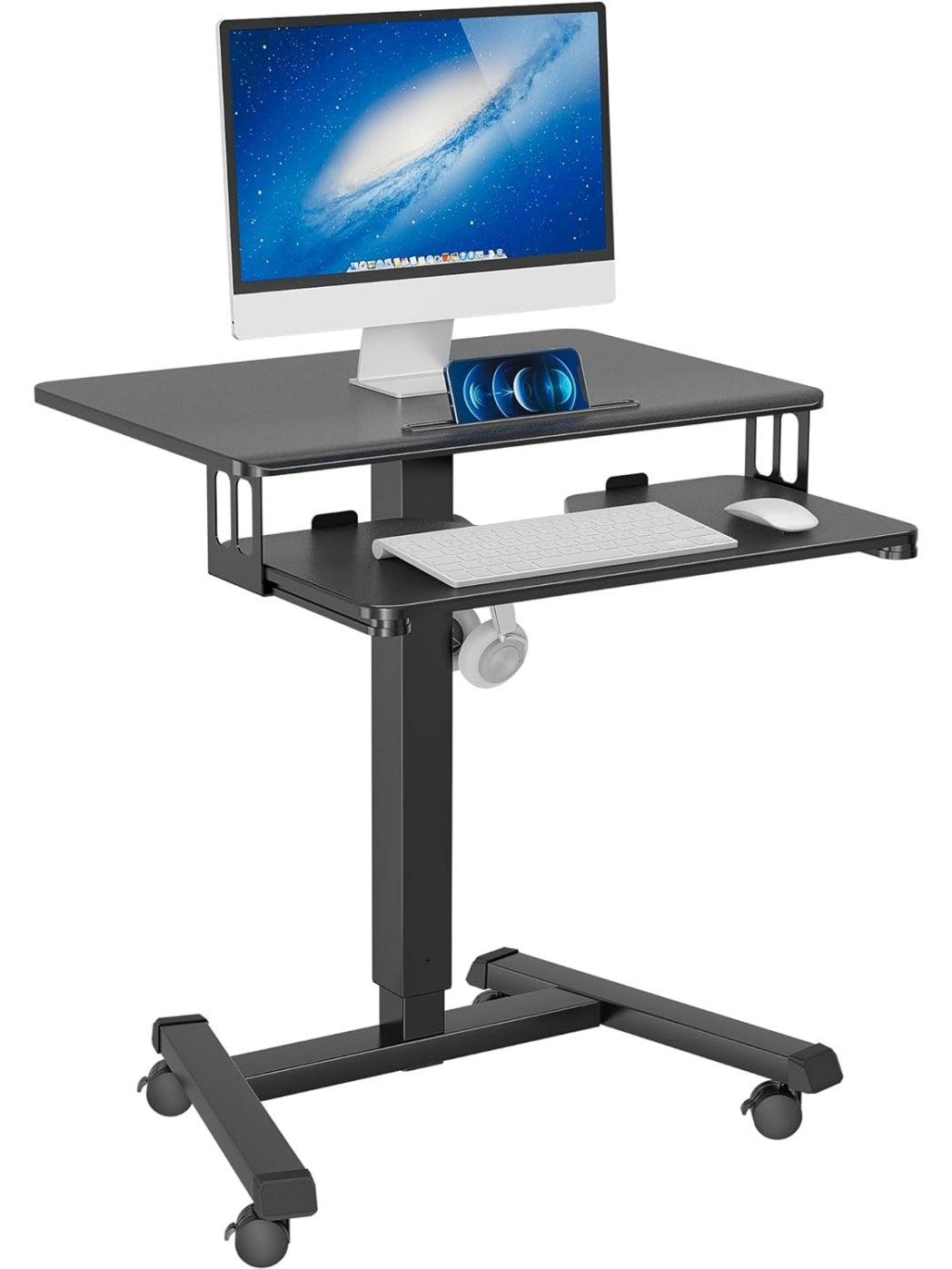 Mobiler Computertisch 65 x 45 cm mit vier Rollen und ausziehbarer Tastaturablage