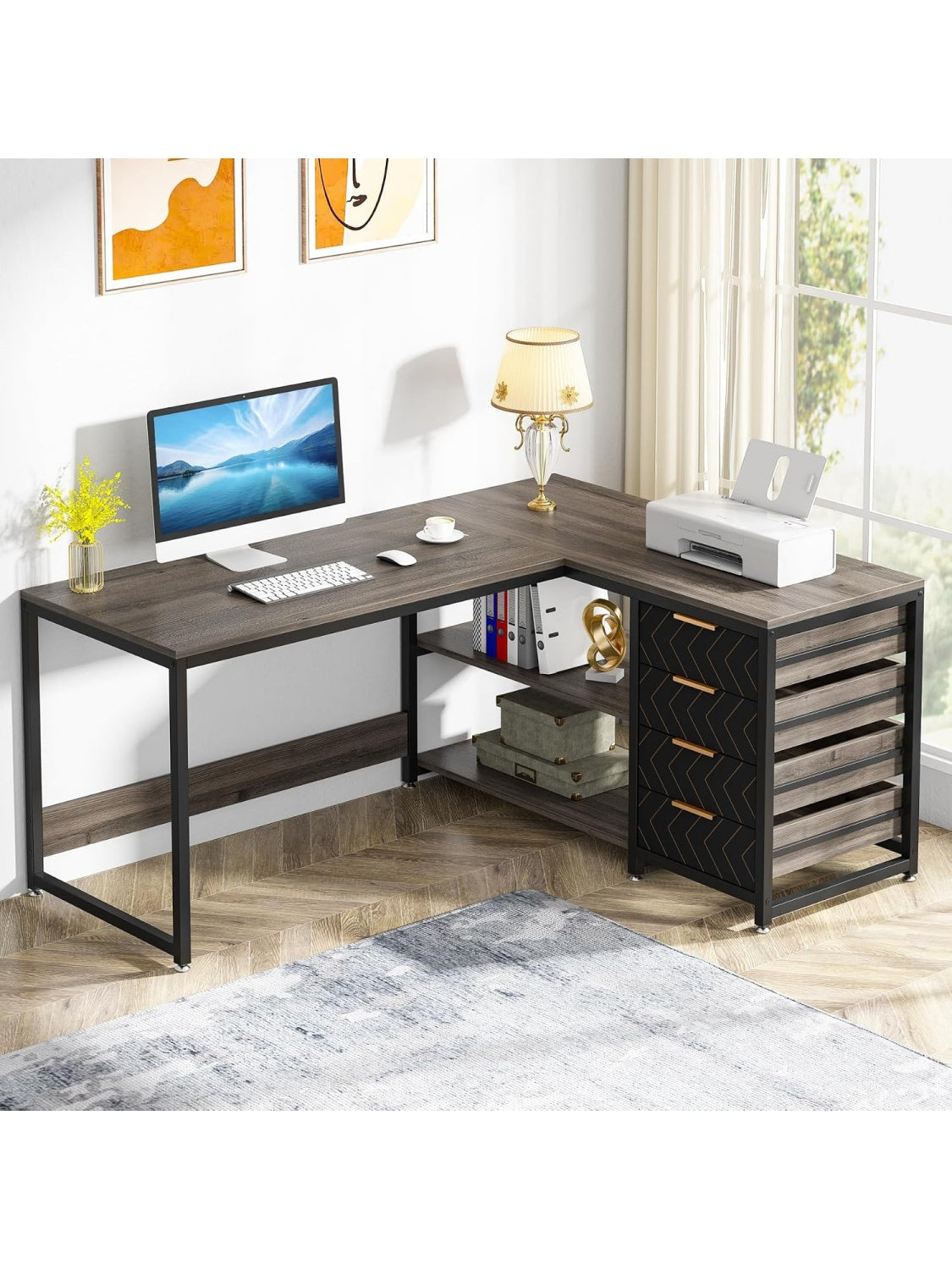 L Schreibtisch 150 x 110 x 75 cm mit vier Schubladen zwei Ablagen und umkehrbarem Eckdesign in Grau