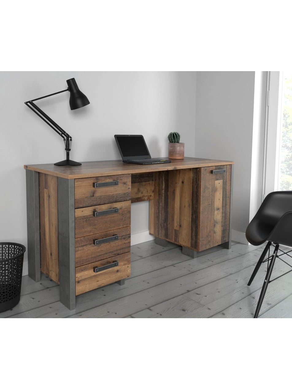 Moderner Schreibtisch mit vier Schubladen und einer Tur in Vintage Holzoptik